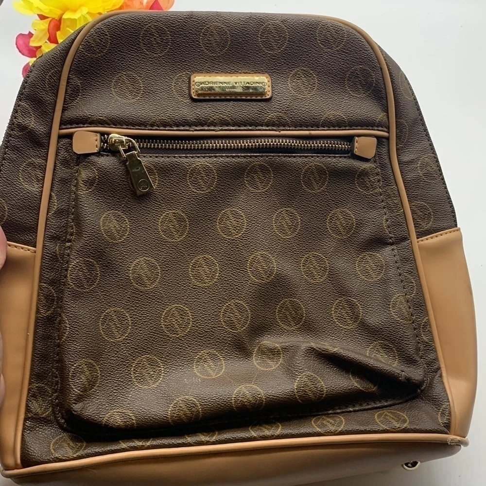 Adrienne Vittidini Brown Tan Logo Backpack. BRN1587B